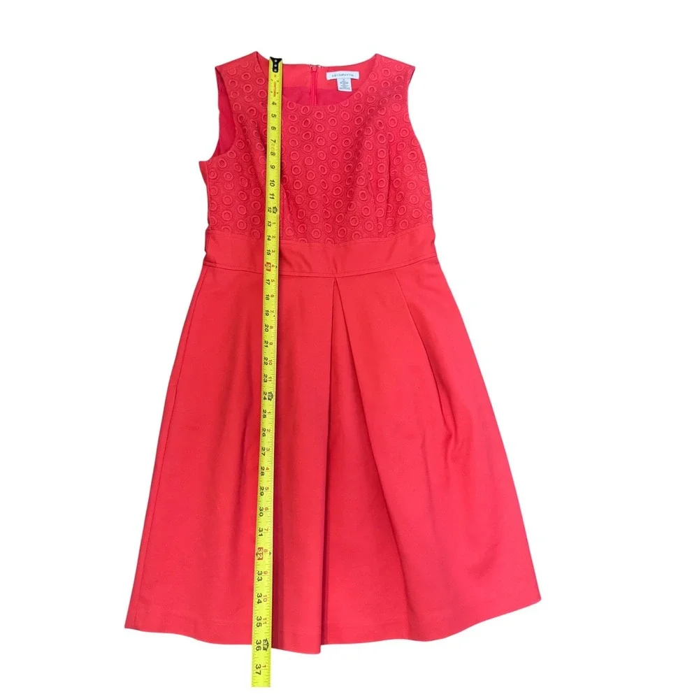 Liz Claiborne Coral Pink Eyelet Lace Fit & Flare Dress Sleeveless Pockets Size 6